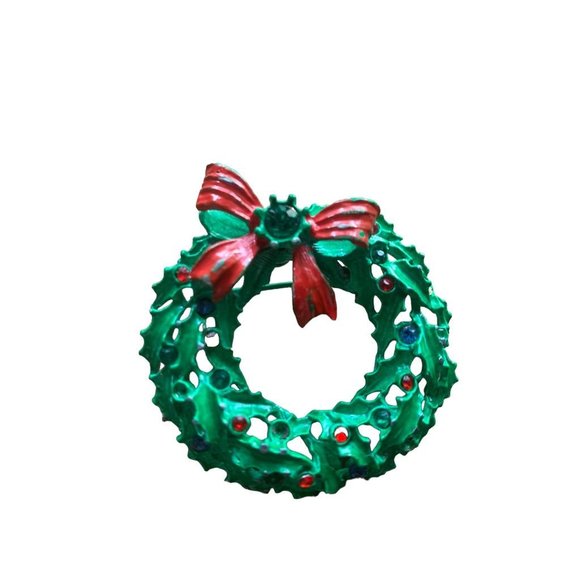 Vintage Holiday Wreath Brooch Green Red Blue Stones Pin 2" Diameter - Picture 6 of 7